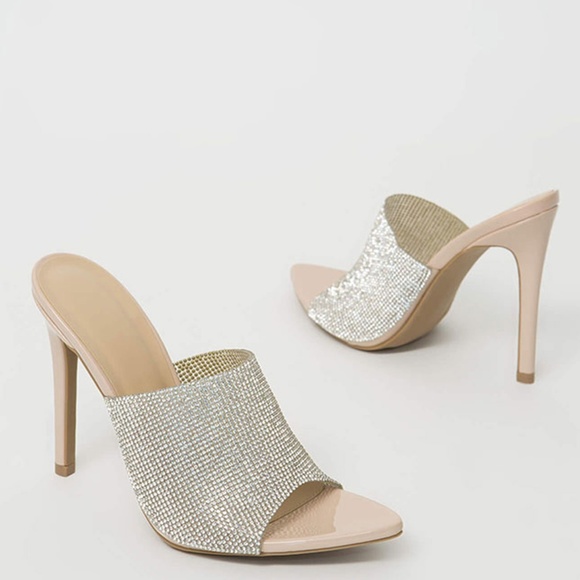 NEW🔥 Nude PeepToe Rhinestone Stiletto Mule Sandal - Picture 1 of 3